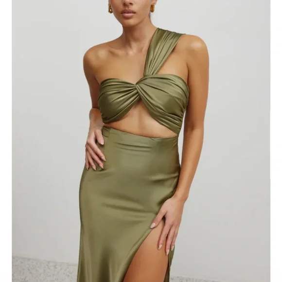 Studio Lexi Dresses | Elegant Olive Green One-Shoulder Dress | Color: Green | Size: 4 | Itsdebbiej's Closet